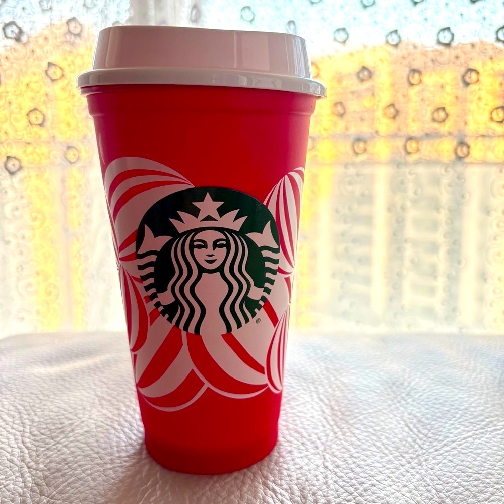 Starbucks Festive Red and White Reusable Coffee Cup with Cap Holiday 2024